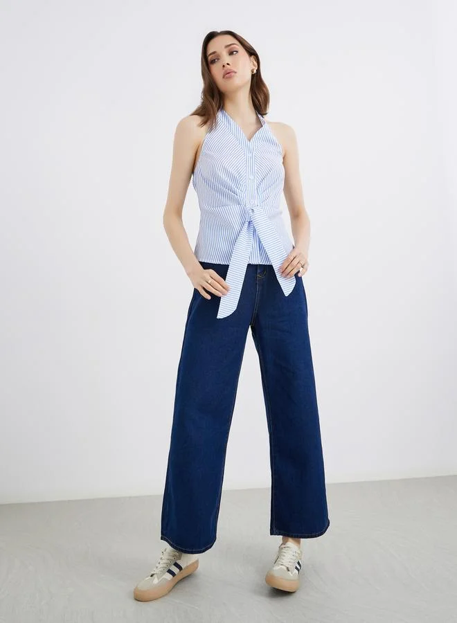 تايك تو بلوزة بدون أكمام بياقة هالتر مخططة